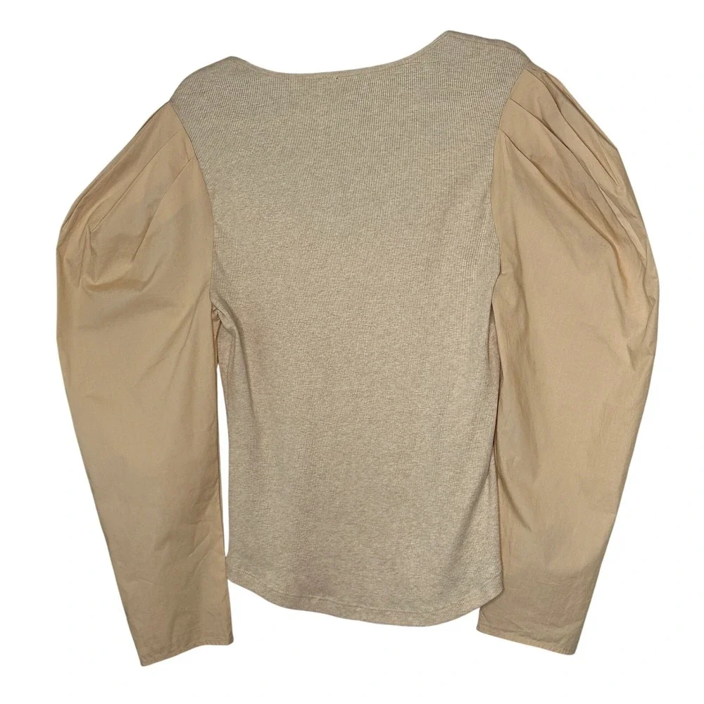 ULLA JOHNSON Joanne Beige Poplin Sleeve Rib Knit Top in Oatmeal Size XL‎